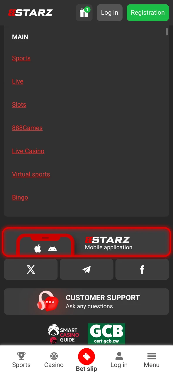 Tap the button on 888Starz website.