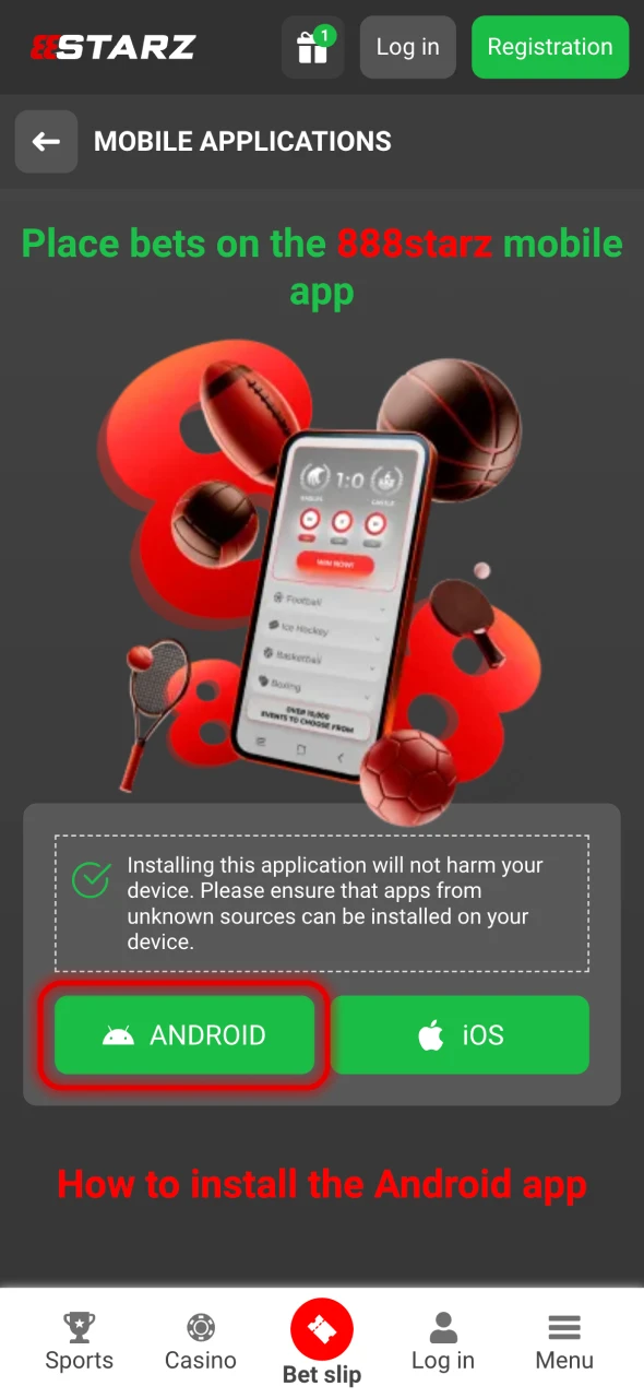 Choose the Android download button at 888Starz.