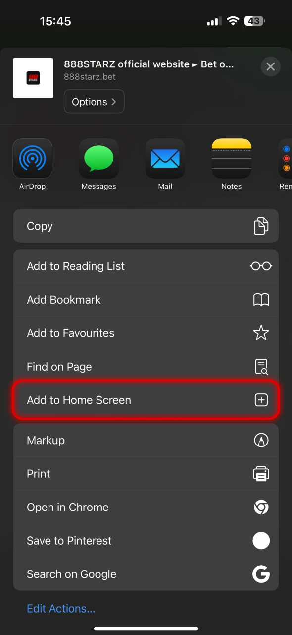 Create 888Starz app shortcut on your home screen.