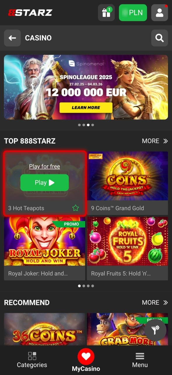 Choose the game you want to play at 888Starz.