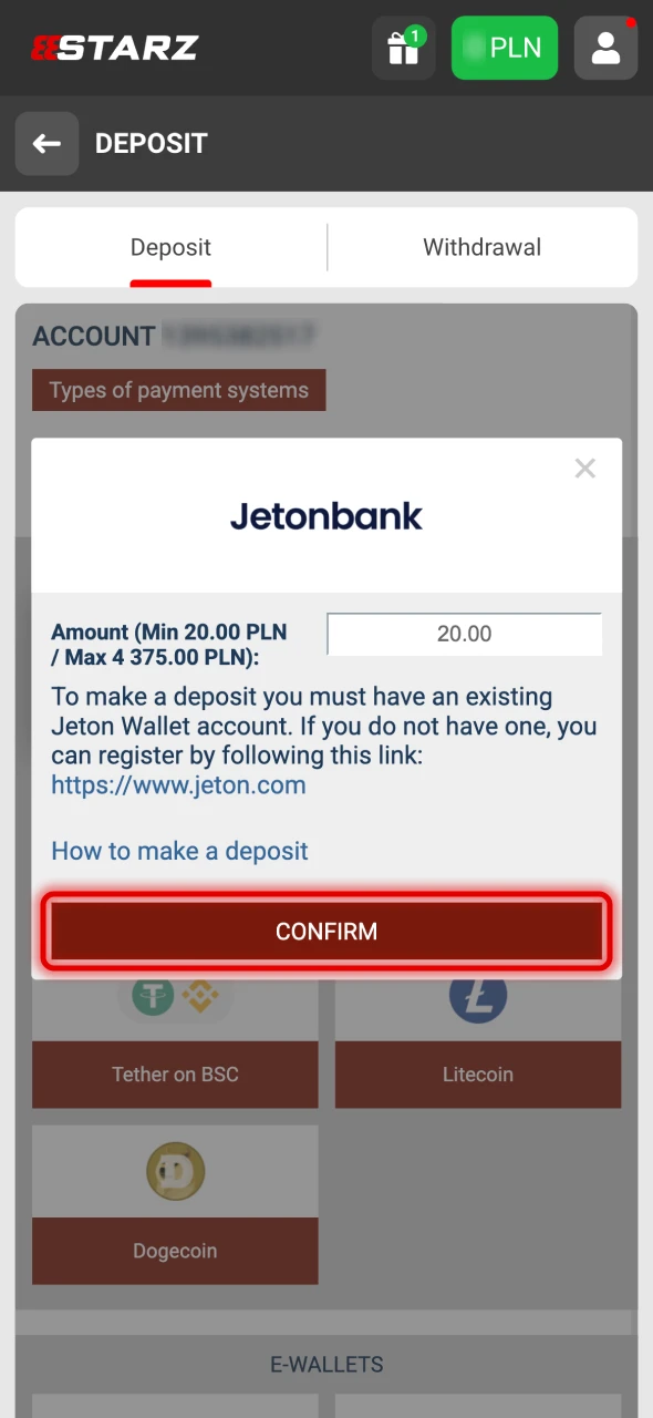 Choose the deposit method at 888Starz website.
