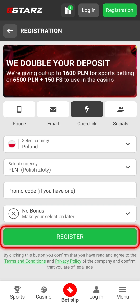 Press the Registration button and create 888Starz account.