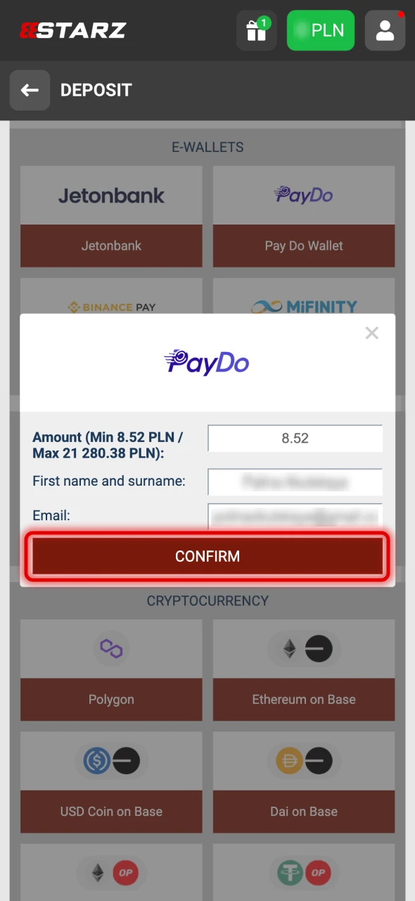 Click on the button to confirm 888Starz payment.