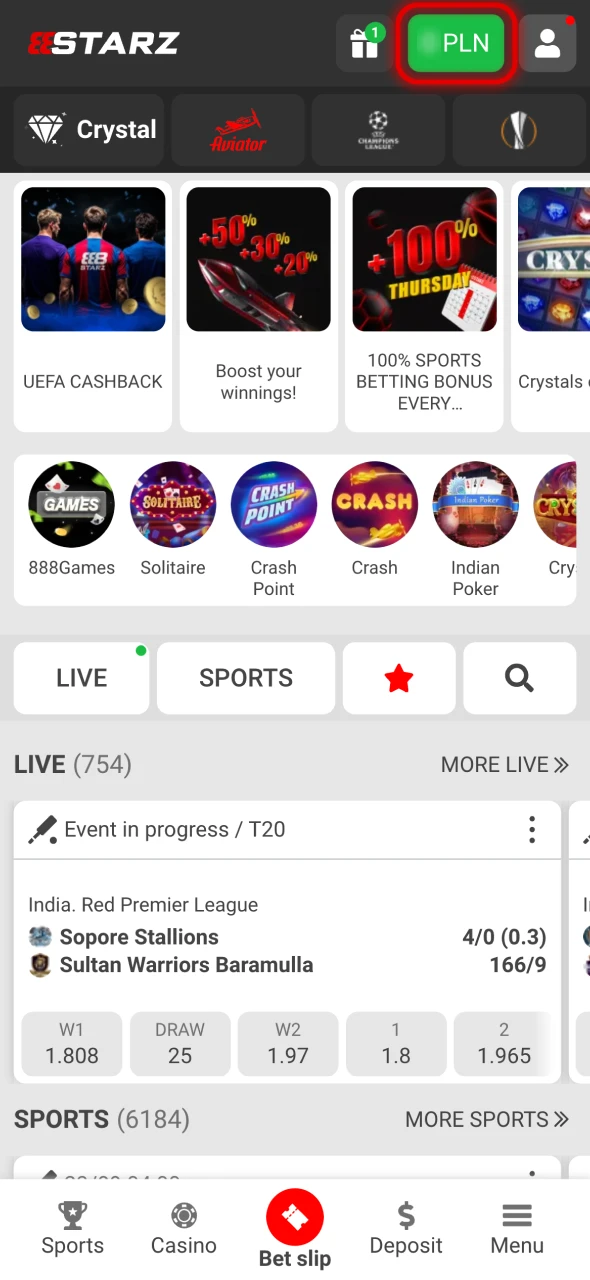 Press the Make a Deposit button at 888Starz.