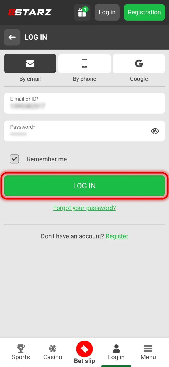 Click on the Log in button at 888Starz.