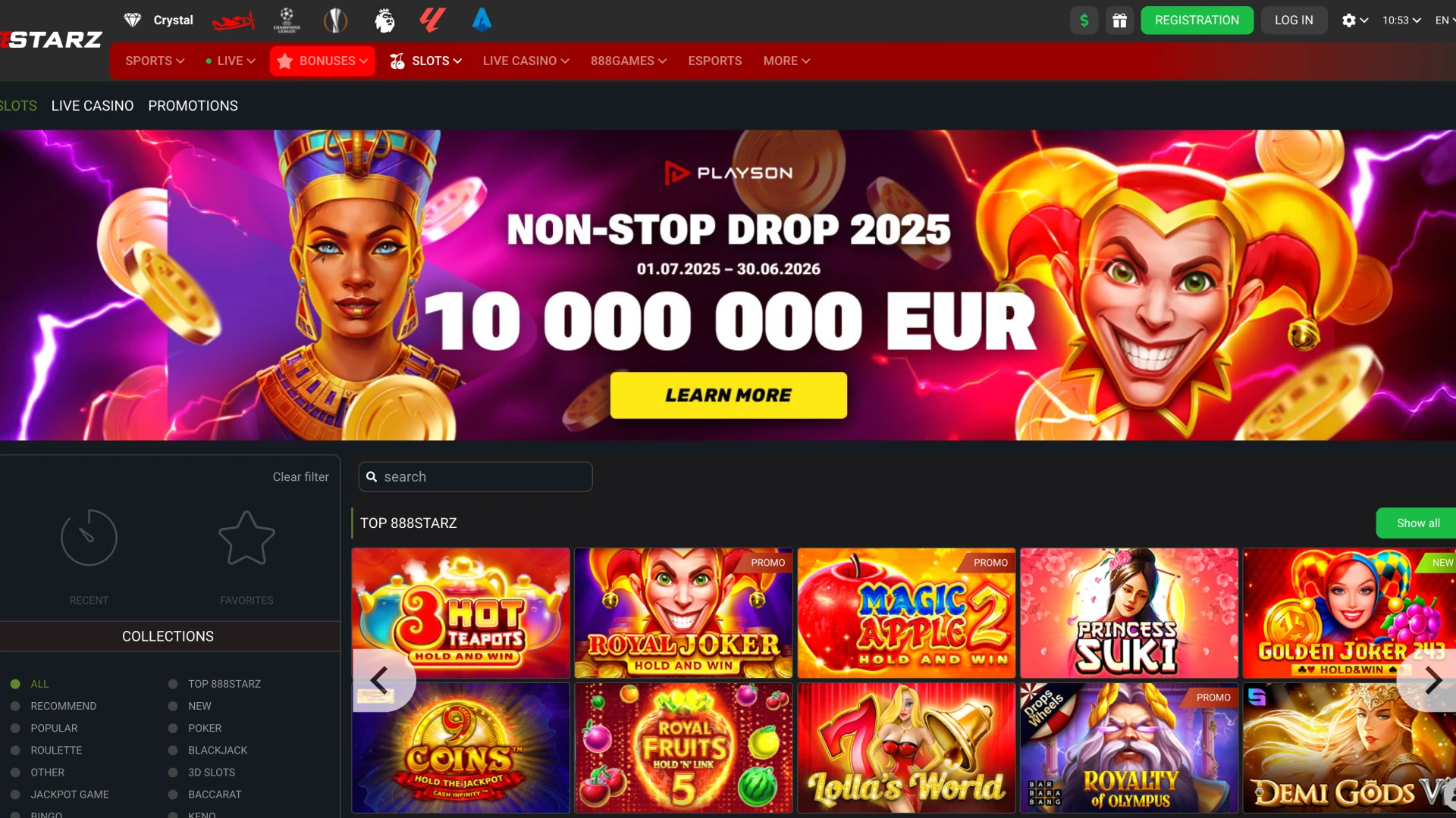 Explore casino section at 888Starz online platform.
