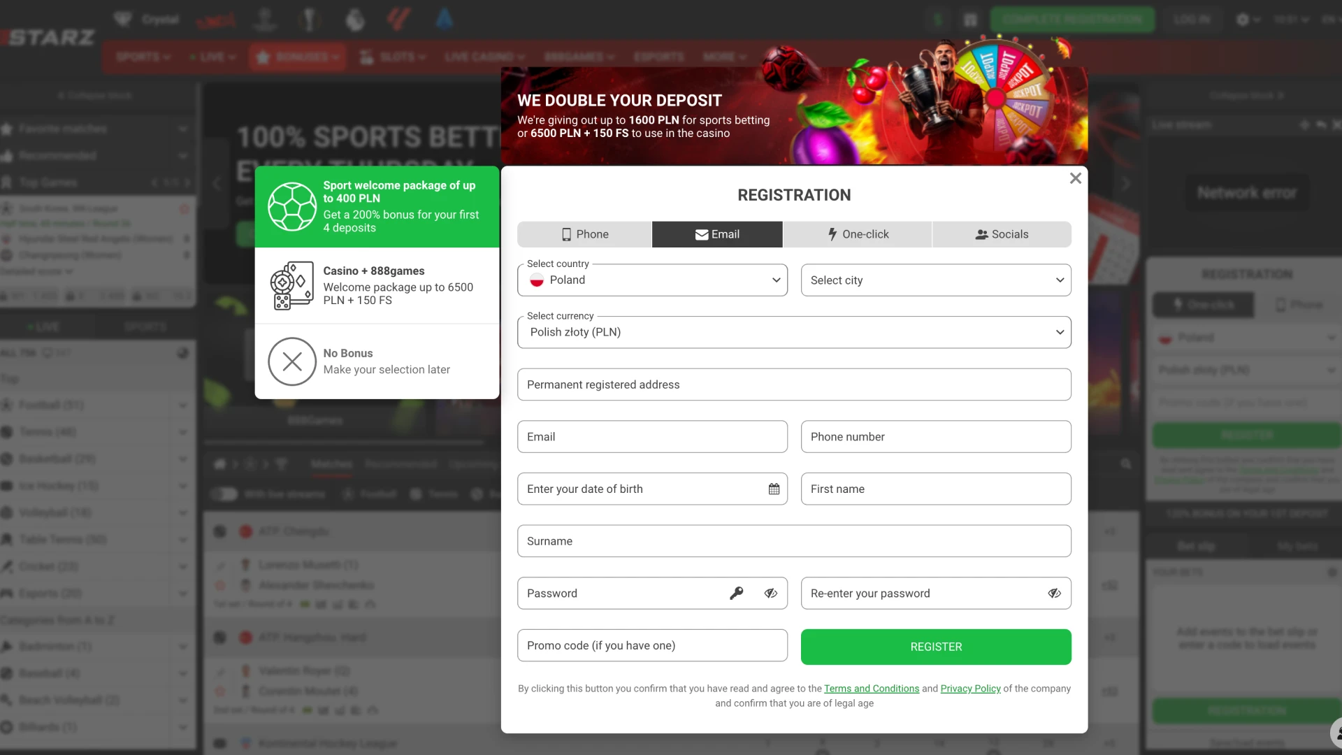 Start registration process at 888Starz website.