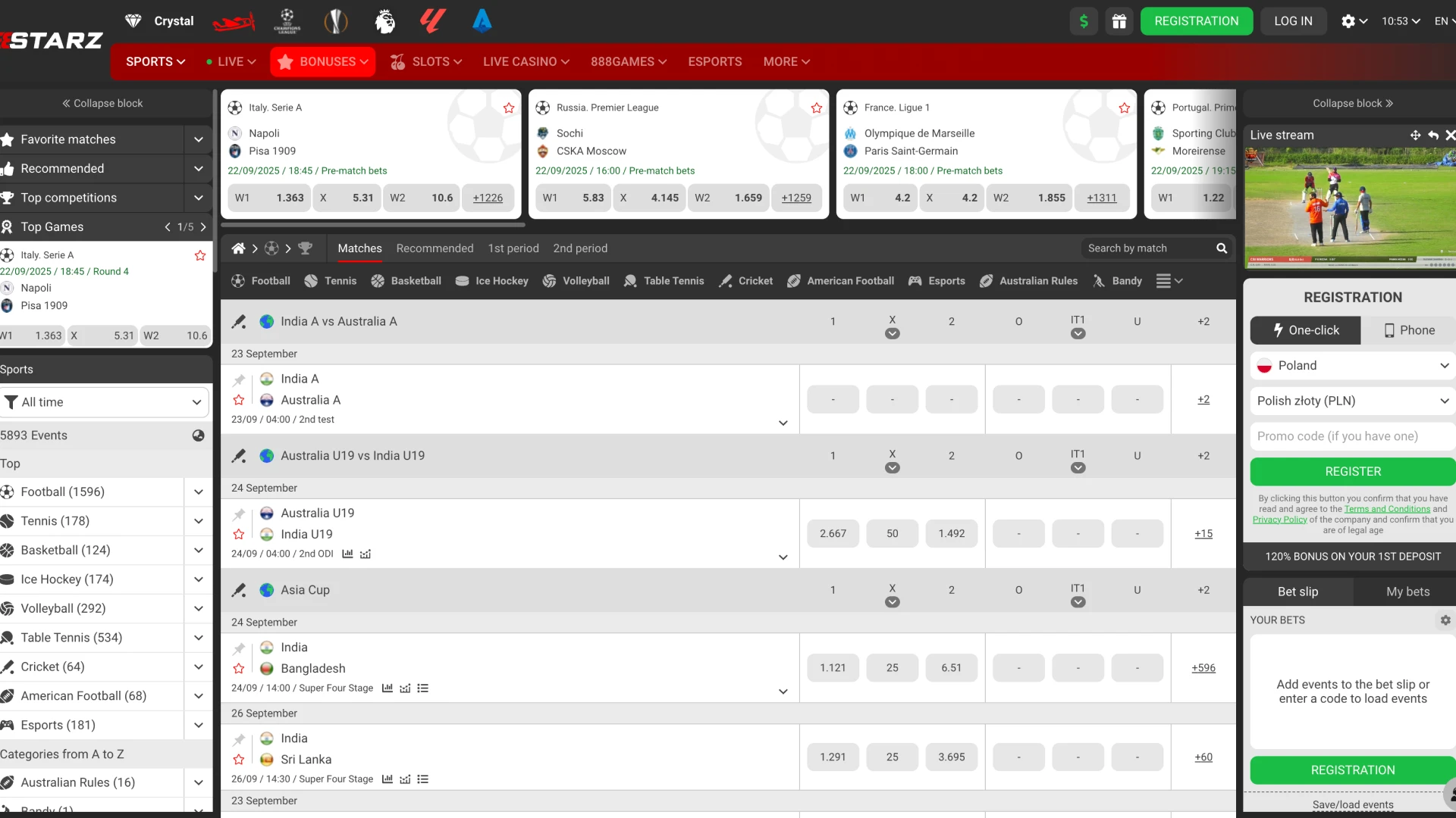 Place your first bet at 888Starz sports section.