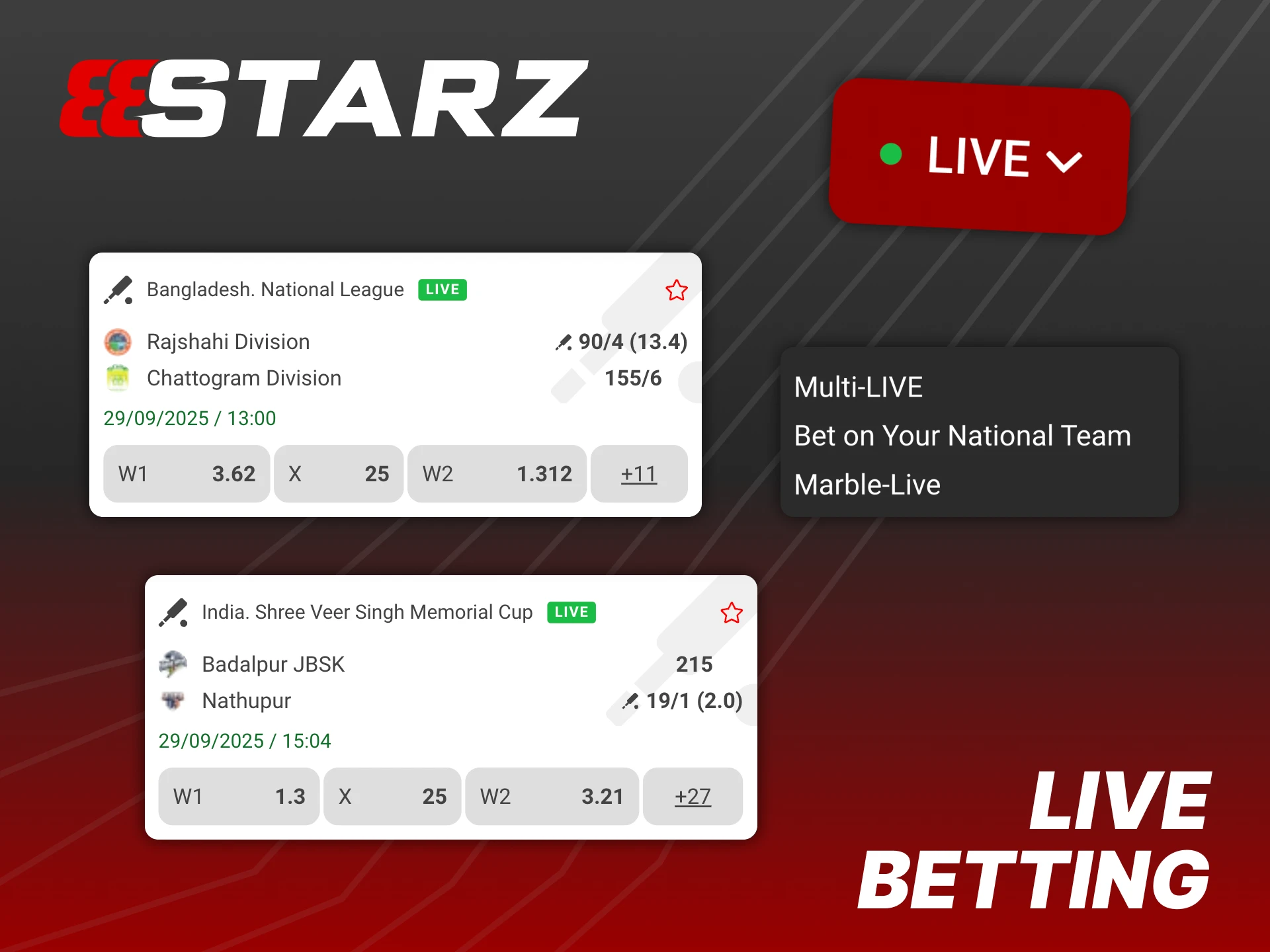 888Starz offers live betting for all sports and eSports events.
