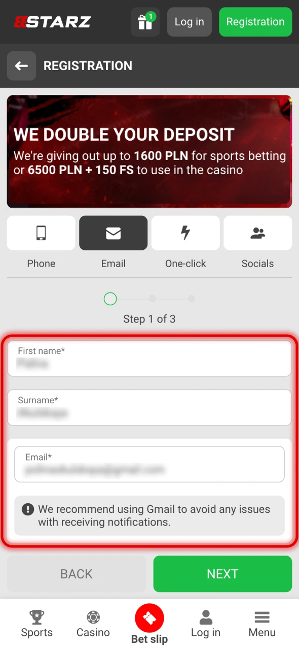 Enter your personal information at 888Starz platform.