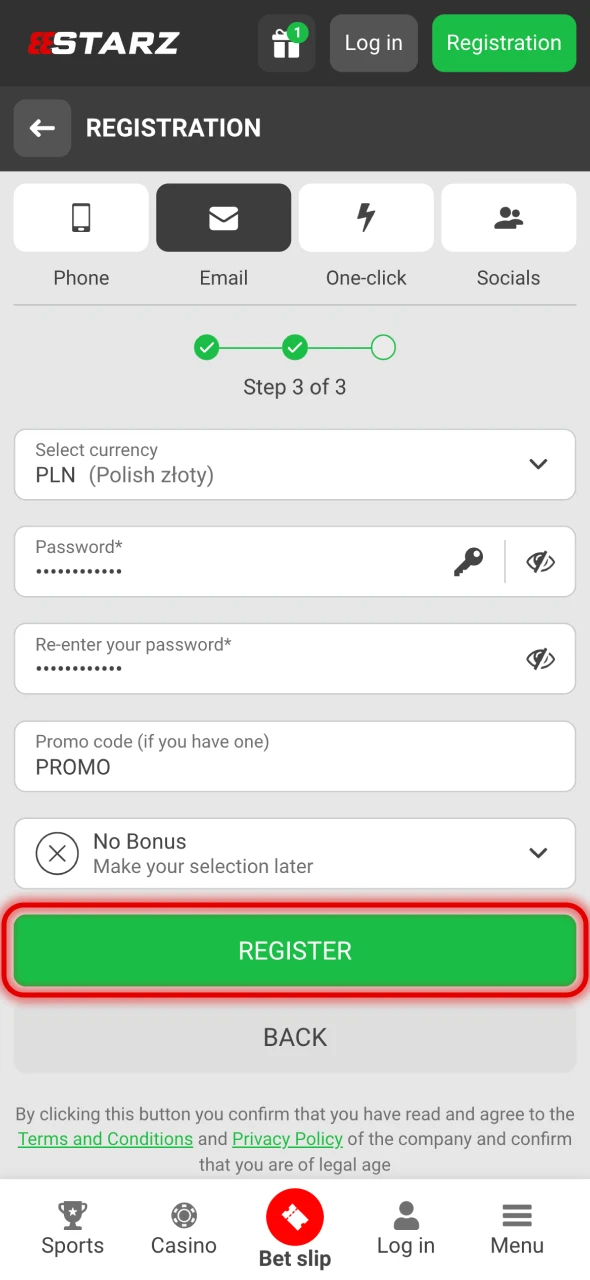 Press Register button to create 888Starz account.