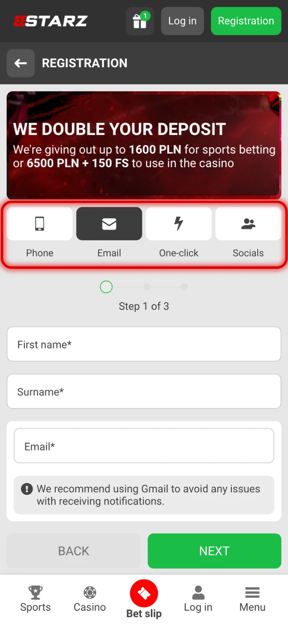 Choose the most convenient for you 888Starz registration method.