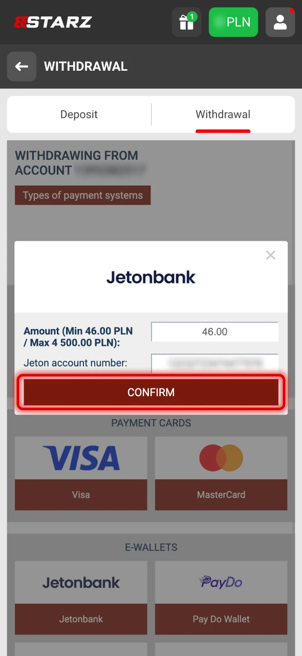 Check the information and confirm 888Starz payment.