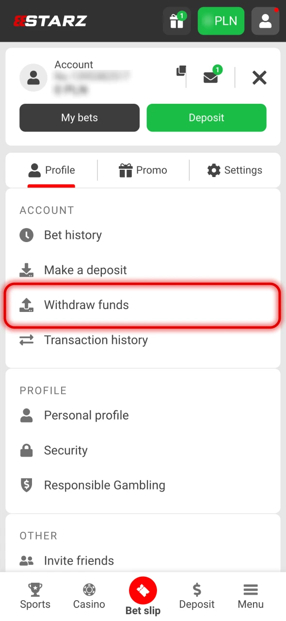 Open the withdrawal section on 888Starz website.