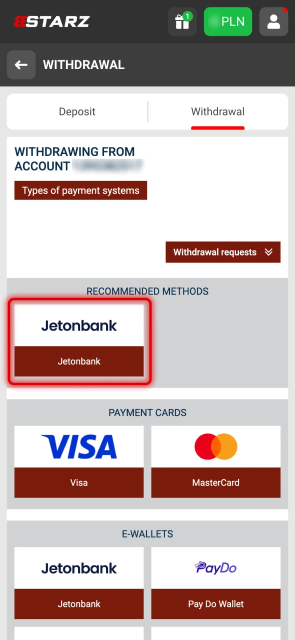 Select the withdrawal method you need at 888Starz.