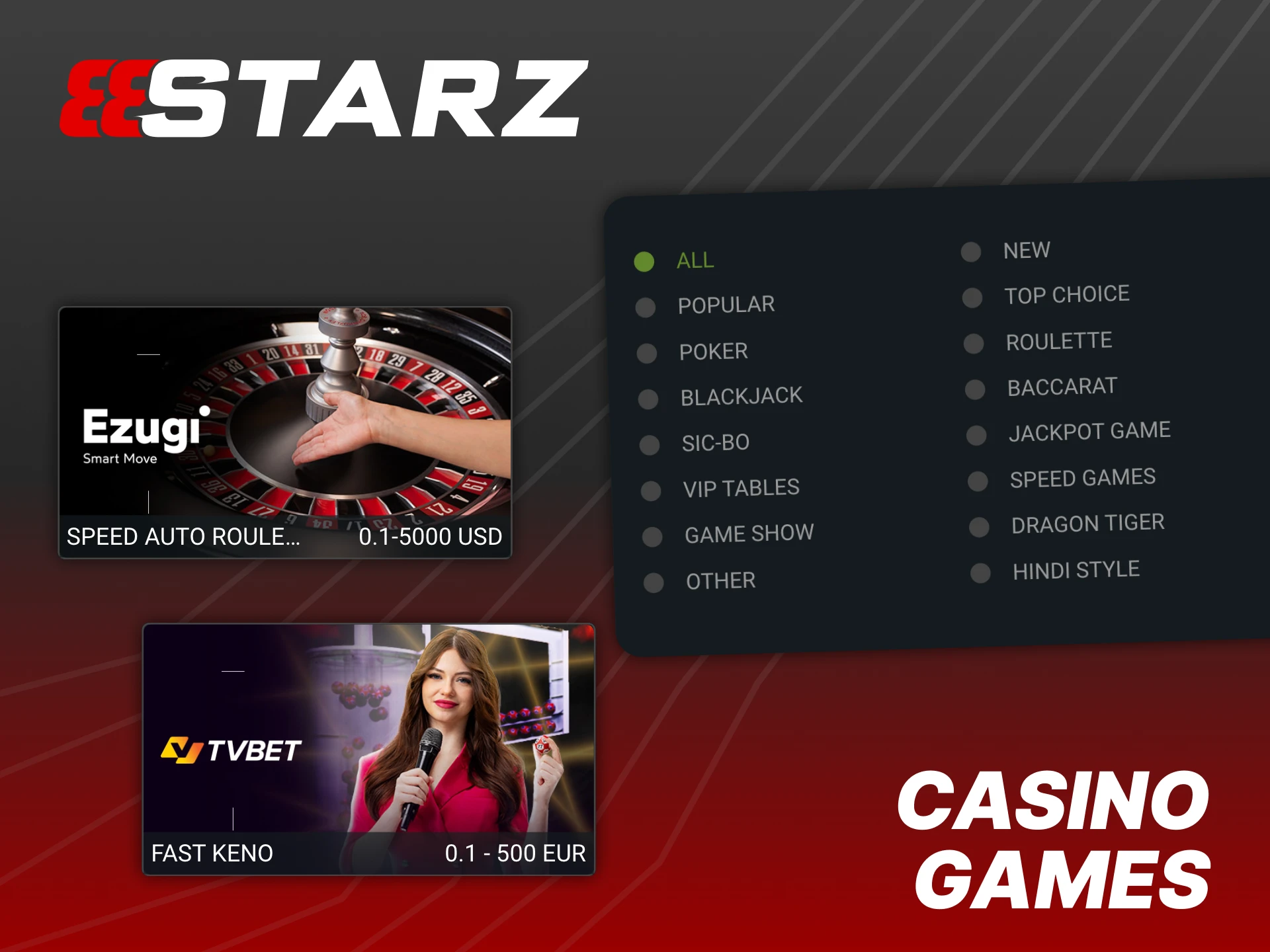 Explore an impressive casino section at 888Starz official website.