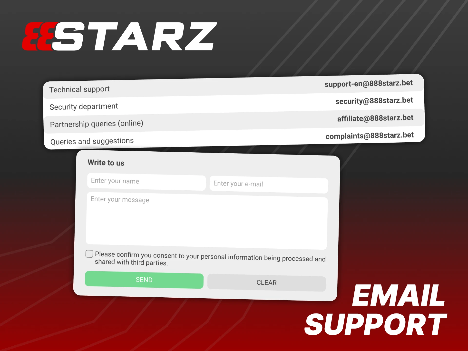 Contact 888Starz support through email.