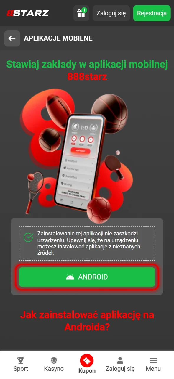 Wybierz przycisk pobierania na Androida w 888Starz.