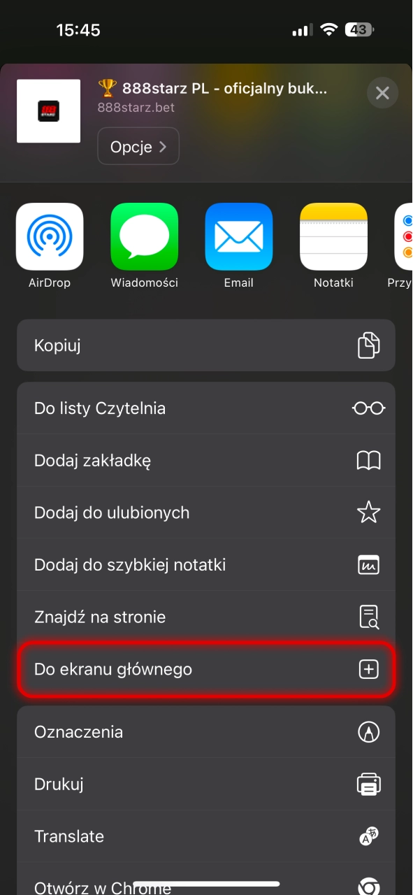 Utwórz skrót do aplikacji 888Starz na ekranie głównym.