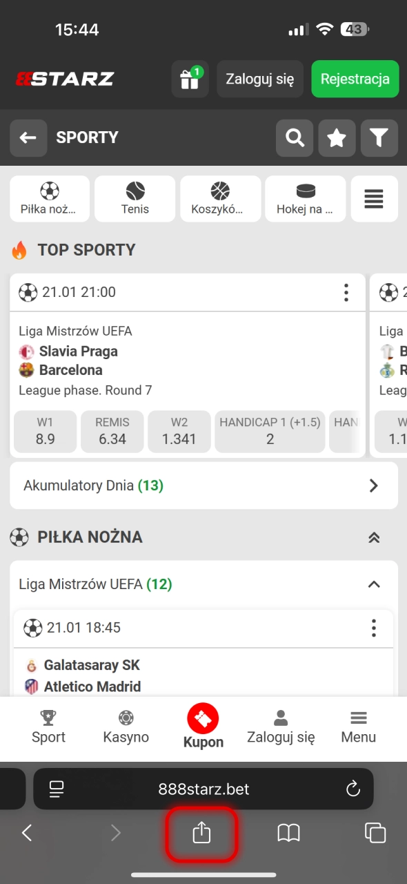 Dotknij ikony udostępniania na dole przeglądarki.