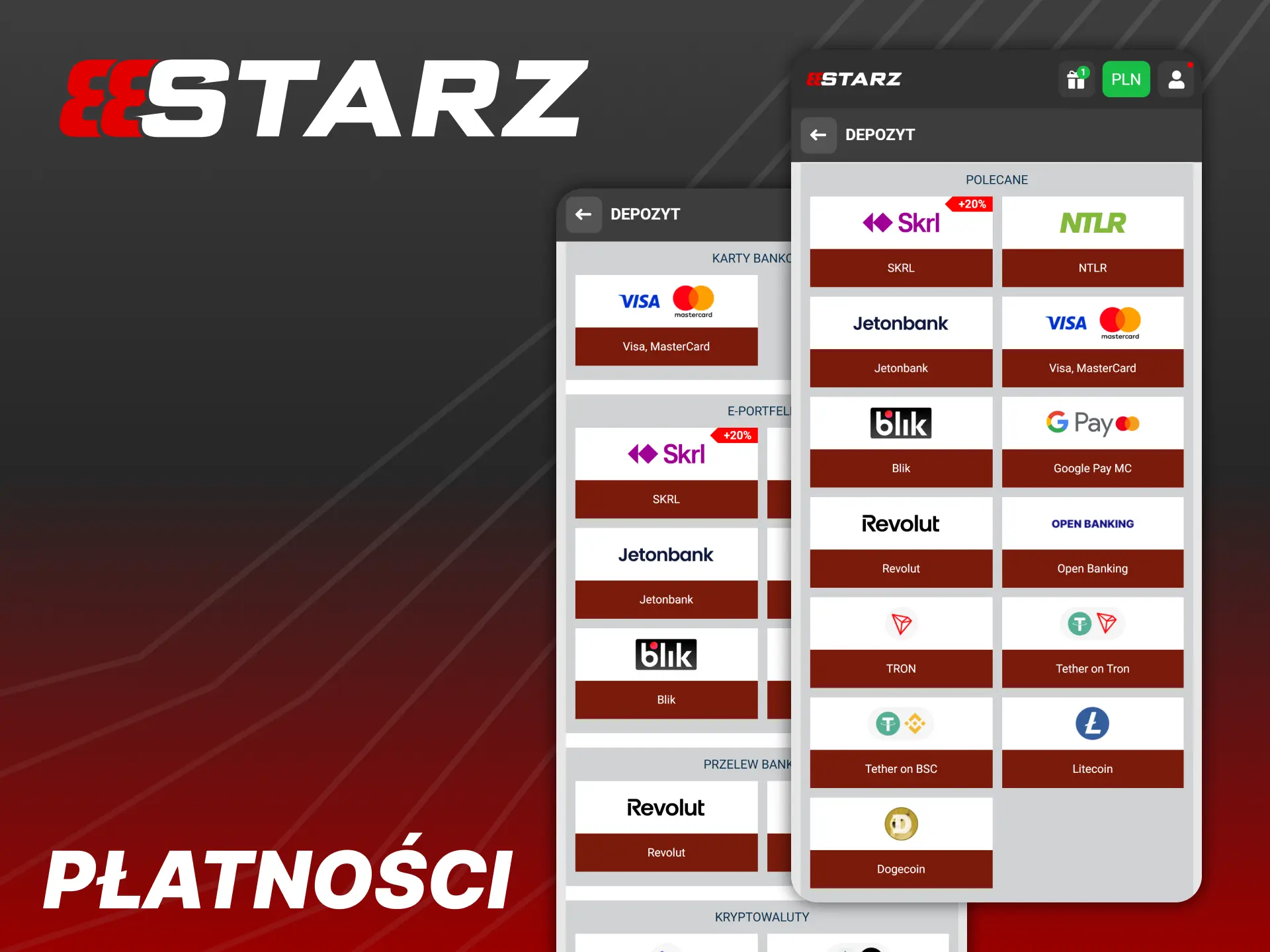 Aplikacja 888Starz zapewnia wiele metod płatności dla wpłat i wypłat.