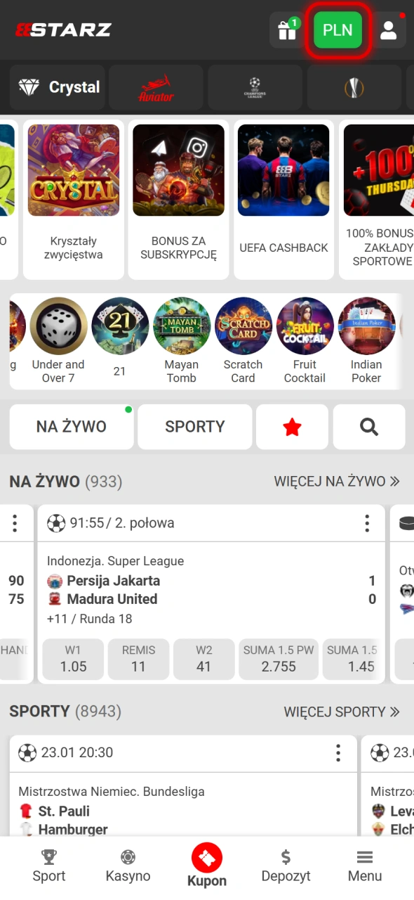 Naciśnij przycisk Dokonaj wpłaty w 888Starz.