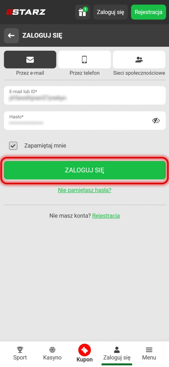 Kliknij przycisk Zaloguj się w 888Starz.
