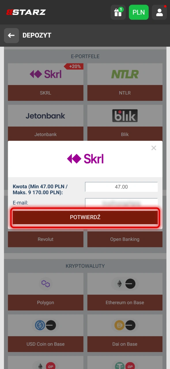 Kliknij przycisk, aby potwierdzić płatność w 888Starz.