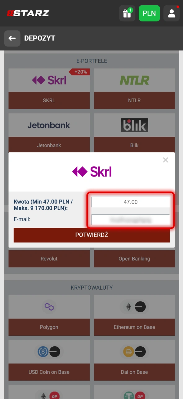 Wprowadź informacje o płatności w formularzu 888Starz.