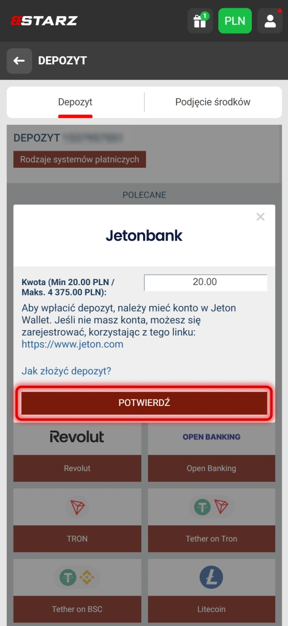 Wybierz metodę wpłaty na stronie internetowej 888Starz.