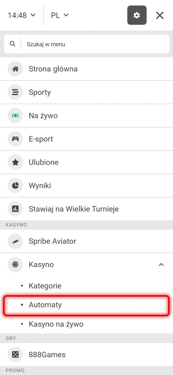 Wybierz Gry Automaty z górnego menu w 888Starz.