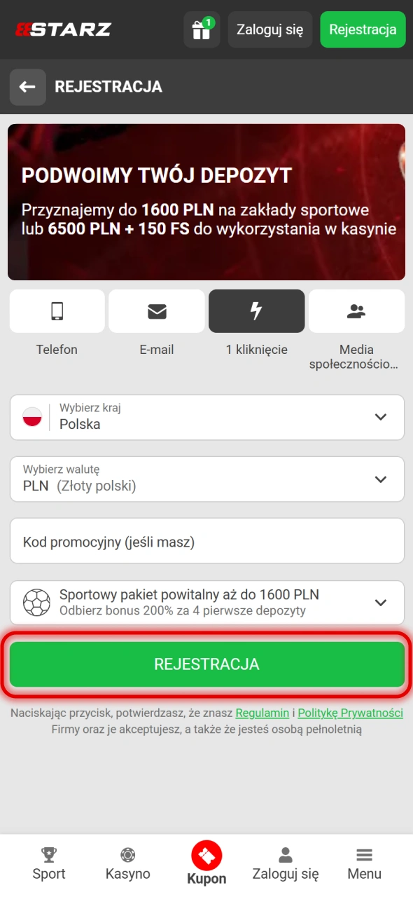 Naciśnij przycisk Rejestracja i utwórz konto 888Starz.