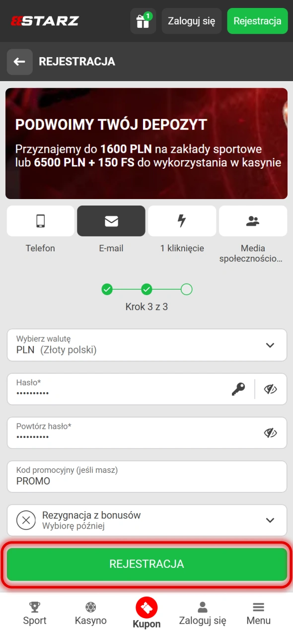 Naciśnij przycisk Zarejestruj się, aby utworzyć konto 888Starz.