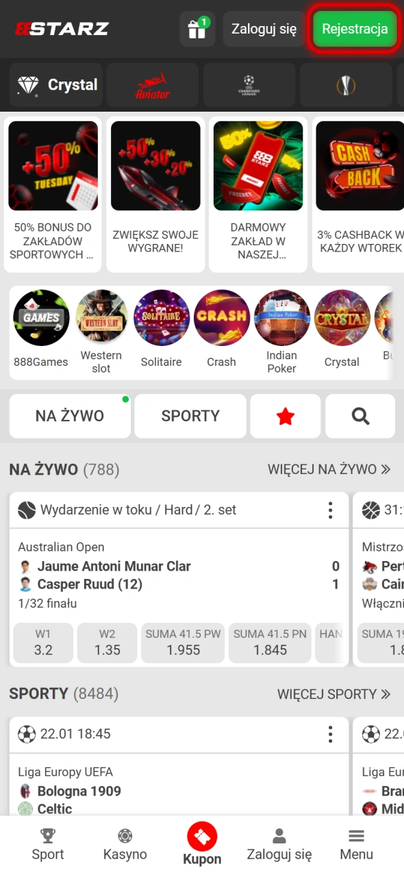 Otwórz formularz rejestracyjny 888Starz.