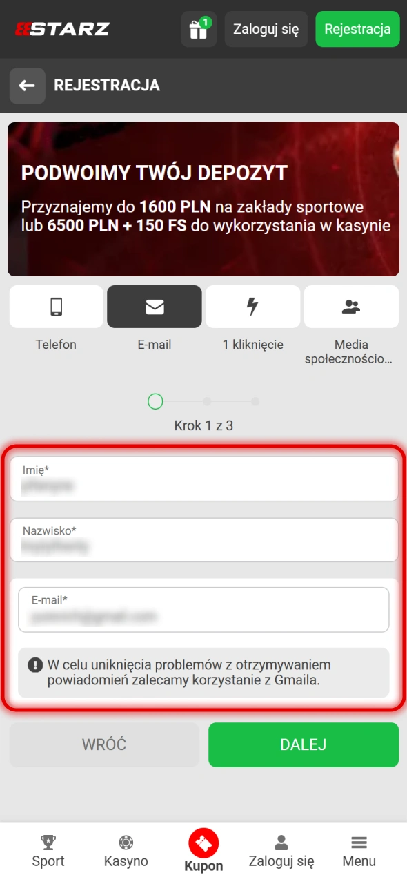 Wprowadź swoje dane osobowe na platformie 888Starz.
