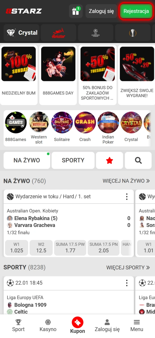 Rozpocznij proces rejestracji na oficjalnej platformie 888Starz.