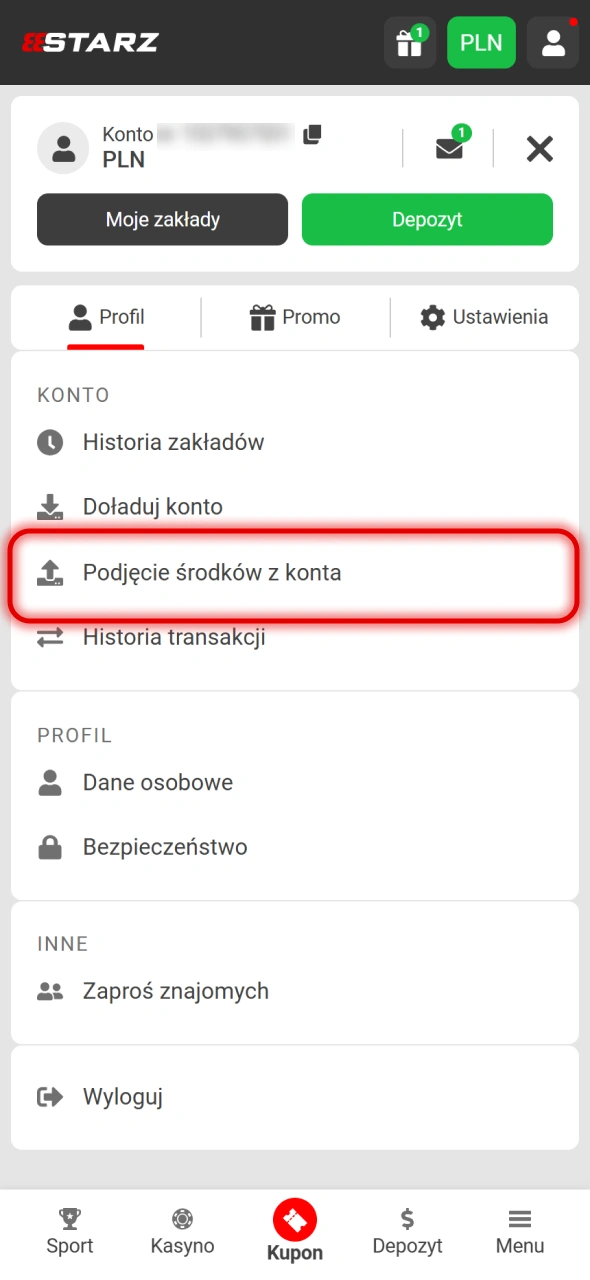 Otwórz sekcję wypłat na stronie internetowej 888Starz.