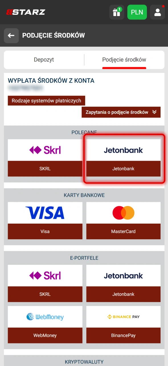 Wybierz potrzebną metodę wypłaty w 888Starz.
